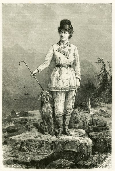 Madame Marie De Ujfalvy-Bourdon portréja utazóruhában, kutyájával, Ujfalvy Charles Eugene (1842-1904) etnológus nyelvész és felfedező felesége, minden expedíciójára elkísérte. Metszet G.Vuillier, természet után, hogy illusztrálja a alkotó: Gaston Vuillier