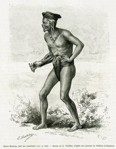 Sibou Mobang, a kannibálok vezetője. G. Vuillier metszete a De Koutei a Bandjirmasin, utazás Borneón keresztül című történetének illusztrálására, Carl Bock, in le tour du monde 1890, rendező: Edouard Charton (1807-1890), Hachette, Párizs. alkotó: Gaston Vuillier