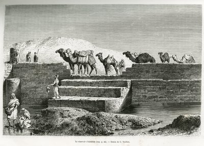Abdallah víztározója (Szaúd-Arábia). G. Vuillier metszet, a „pelerinage au Nedjed, az arab faj bölcsője” című történet illusztrálására, Lady Anna Blunttól, 1878-1879-ben, megjelent a Tour du monde-ban, Edouard Charton (1807-) irányításával. 18 alkotó: Gaston Vuillier