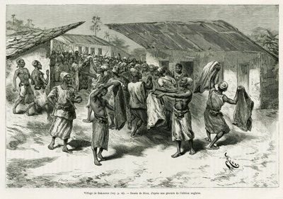Bakourou falut, az őslakosokat ajándékozzák meg a béketárgyalásokon. G. Vuillier metszet a Dans les tenebres de l