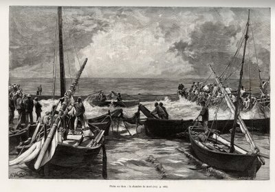 Tonhalhalászat (mattanza): a halálkamrát, szűk helyen a tonhalprést a halászok szigonyai takarják. Gaston Vuillier (1845-1915) „" La Sardaigne" című metszete és története 1890-ben, a Le tour du monde, nouveau Journal des voyages, t alatt alkotó: Gaston Vuillier