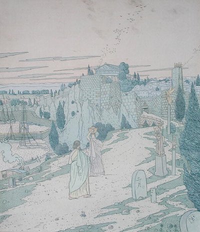 Odüsszeusz találkozik Minerva istennővel, aki egy korsós lánynak álcázza magát, illusztráció az Odüsszeia 6. könyvéből, Lecomte de l