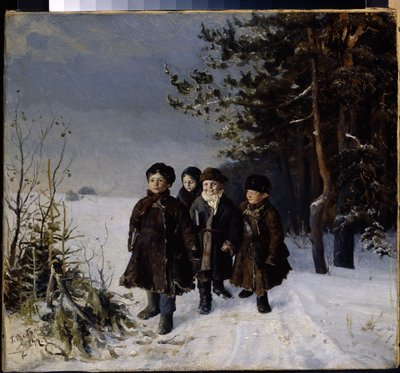 Vissza az iskolából - Gavriil Fjodorovics Rybakov festménye (1859-?), olaj, vászon alkotó: Gavriil Fyodorovich Rybakov