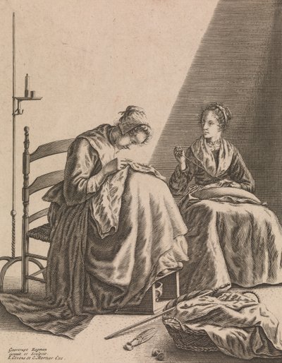 Két nő varr, 1. tábla öt női foglalkozásból, kb. 1640-57. alkotó: Geertruydt Roghman