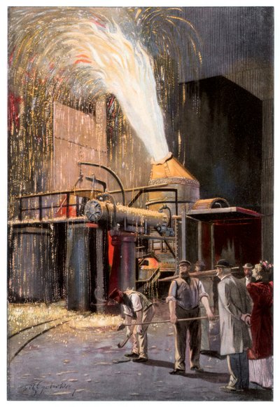 Nyersvas széntelenítése Bessemer konverterben, 1900. alkotó: Gehrke