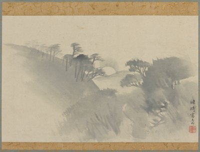 Táj dombbal, fákkal és holdkeltével, Edo-korszak, 1747-1868. alkotó: Genki