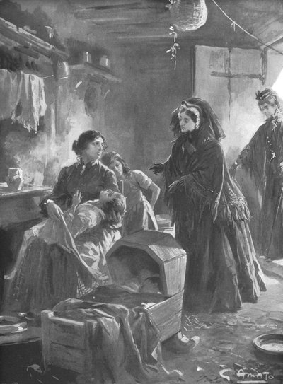 „Viktória királynő és a szegények: Őfelsége egy nyaralóházba látogat”, 1901. alkotó: Gennaro Amato