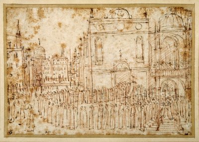 Egy velencei körmenet egy scuolából a szomszédos templomba halad (toll és tinta krétával papíron) alkotó: Gentile Bellini