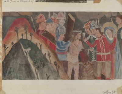 10. számú keresztút: Jézust megfosztják ruháitól, c. 1936. alkotó: Geoffrey Holt