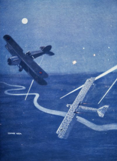 Bristol vadászgép megtámadta a német Gotha bombázót London felett éjjel (színes litho) alkotó: Geoffrey Watson
