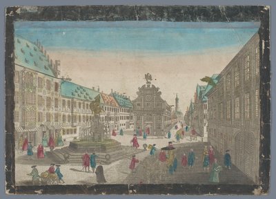 Gezicht op de wijnmarkt te Augsburg A borpiac kilátása a Saltz Stadelen fel S. Ulrich felé Augspurg felé (cím a tárgyon) alkotó: Georg Balthasar Probst (possibly)