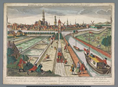 Kilátás az Amszterdam-csatornára Haarlemben Canal zu Harlem, wed die Threckschuijten after Amsterdam ab und zu gehen (cím a tárgyon) Haarlem (sorozat címe) alkotó: Georg Balthasar Probst