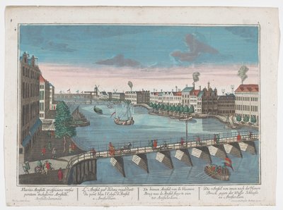Kilátás a Binnen-Amstelre, a Blauwbrug és a Hogesluis között Amszterdamban Die Amstel von innen nach der blauen Brücke gegen der Wasser Schleuße zu Amsterdam (cím a tárgyon) Amszterdam (sorozat címe) alkotó: Georg Balthasar Probst