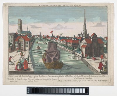 Kilátás a Wester Oude Hoofdpoortra és az Ooster Oude Hoofdpoortra Rotterdamban Prospect der Ost Maas Port, gegen der S.Lorenzen Kirch zu Roterdam (cím a tárgyon) Rotterdam (sorozat címe) alkotó: Georg Balthasar Probst