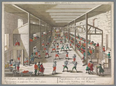Kilátás a vívóiskolára Perspectivische Vorstellung einer Fechtschule (cím a tárgyon) Verseny- és vívóiskolák (sorozat címe) alkotó: Georg Balthasar Probst