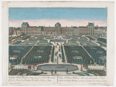Kilátás a párizsi Palais des Tuileries-ra a Tuileriák kertjéből Gesicht des Pallasts Thuilleries genannt, von seiten des Gartens zu Paris (cím a tárgyon) Paris (sorozat címe) alkotó: Georg Balthasar Probst