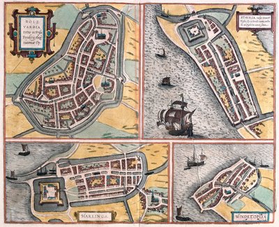 Bolsward, Stavoren, Harlingen és Hindelopen, Hollandia - Georg Braun "Civitates Orbis Terrarum" című művében, Köln 1617. alkotó: Georg Braun