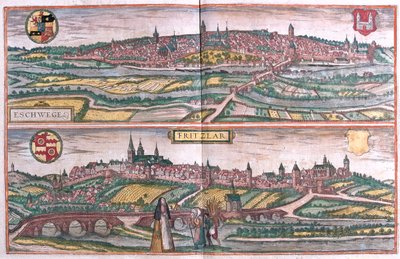 Eschwege és Fritzlar, Németország- Georg Braun "Civitates Orbis Terrarum" című művében, Köln 1617. alkotó: Georg Braun