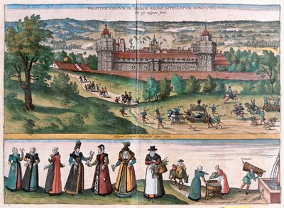 Nonsuch (Surrey-i kastély), Anglia - Georg Braun "Civitates Orbis Terrarum" című művében, Köln 1617. alkotó: Georg Braun