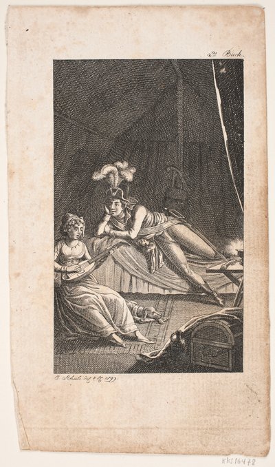 Illusztráció: egy hölgy lanton játszik egy sátorban lévő úriembernek alkotó: Georg Christian Schule