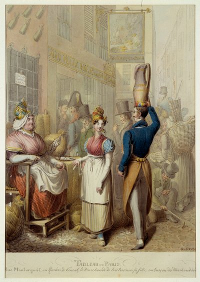 Tableau de Paris: rue de la rue Montorgueil és „Le Rocher de Cancale” kávézó-étterem Párizsban. Utcai kereskedők és járókelők. A német George Emanuel Opitz litográfiája (1775-1841) alkotó: Georg Emanuel Opitz