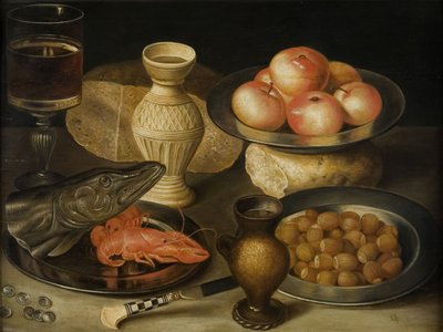 Csendélet Siegburg kőedény kancsóval, üveggel, késsel, két cipóval, 17. század eleje. alkotó: Georg Flegel