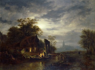 Holdfényes folyami jelenet egy csónak kirakodását végző figurákkal alkotó: Georg Gillis van Haanen