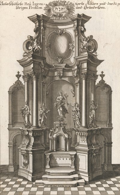Monumentális oltár rajza, c. tábla a "Különböző új leltárból...", nyomtatva 1750-56 körül. alkotó: Georg Gottfried Winckler