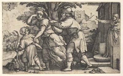 Ábrahám elküldi Hágárt és Izmaelt: Ábrahám egy edényt tart elő, mint Hágár és Ism..., kb. 1543. alkotó: Georg Pencz