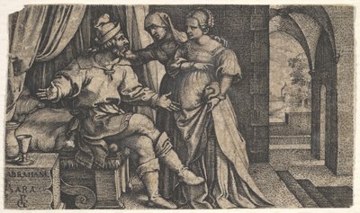 Sarah bemutatja Hágart Ábrahámnak, aki az ágy lábánál ül, a The... sorozatból, kb. 1543. alkotó: Georg Pencz