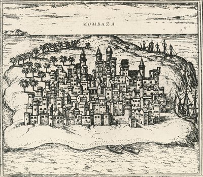 Mombasa városa Kenyában, metszet a Világbanktól alkotó: Georg Braun and Hogenberg Franz