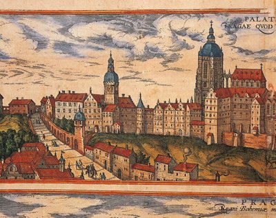 Csehország, Prága, Kilátás a fellegvárra, Georg Braun (1541-1622) és Franz Hogenberg (1535-1590) színes metszet a Civitates Orbis Terrarumból alkotó: Georg Braun and Hogenberg Franz