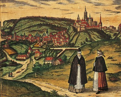 Csehország, Prága, kilátás a városra, a háttérben a fellegvárral, Georg Braun (1541-1622) és Franz Hogenberg (1535-1590) színes metszet a Civitates Orbis Terrarumból alkotó: Georg Braun and Hogenberg Franz