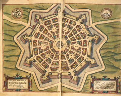 Olaszország, Palmanova, térkép, metszet a Civitates Orbis Terrarumból, Georg Braun és Franz Hogenberg, aktív Kölnben alkotó: Georg Braun and Hogenberg Franz