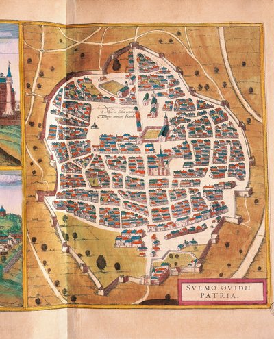 Olaszország, Sulmona, Sulmona városa Georg Braun és Franz Hogenberg Civitates Orbis Terrarum című művéből, metszet alkotó: Georg Braun and Hogenberg Franz