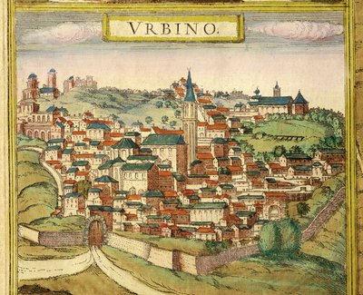 Olaszország, Urbino, Kilátás a városra, Georg Braun (1541-1622) és Franz Hogenberg (1535-1590) színes metszet a Civitates Orbis Terrarumból alkotó: Georg Braun and Hogenberg Franz