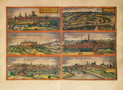 München, Ingolstadt, Freising, Nordlingen, Regensburg és Straubing, Németország térképe a Civitates Orbis Terrarumtól, Georg Braun alkotó: Georg Braun and Hogenberg Franz