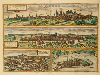 Nürnberg, Ulm, Salzburg és Lindau térképe a Civitates Orbis Terrarumból, Georg Braun alkotó: Georg Braun and Hogenberg Franz