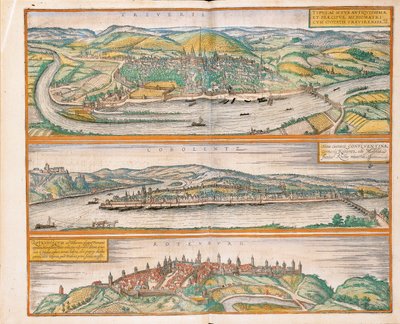 Trier, Koblenz és Rothenburg térképe a Civitates Orbis Terrarumból, Georg Braun alkotó: Georg Braun and Hogenberg Franz