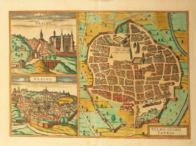 Az olaszországi Urbino és Sulmona térképe a Civitates Orbis Terrarumból, Georg Braun alkotó: Georg Braun and Hogenberg Franz