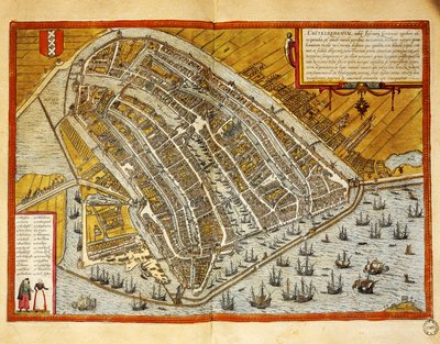 Hollandia, Amszterdam térképe a Civitates Orbis Terrarumból, Georg Braun (1541-1622) és Franz Hogenberg (1535-1590), metszet alkotó: Georg Braun and Hogenberg Franz