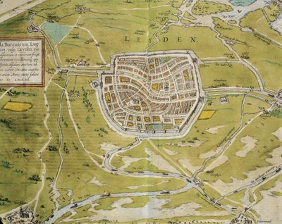 Hollandia, Leiden város és régió térképe a Civitates Orbis Terrarumból, Georg Braun (1541-1622) és Franz Hogenberg (1540-1590), Köln, metszet alkotó: Georg Braun and Hogenberg Franz