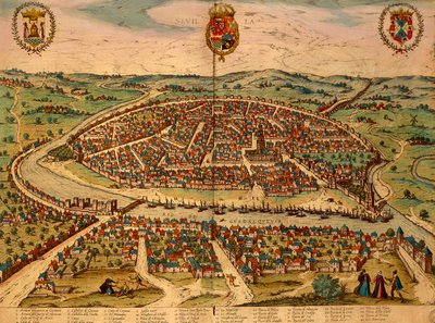 Spanyolország, Sevilla, kilátás a városra, Georg Braun (1541-1622) és Franz Hogenberg (1535-1590) színes metszet a Civitates Orbis Terrarumból alkotó: Georg Braun and Hogenberg Franz