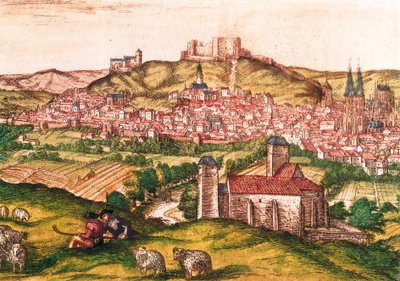 Burgos város Spanyolországban, pásztorokkal és birkacsordával az előtérben (1576). Gravírozás Civitatis Orbis Terrarumba, alkotó: Georg Braun and Hogenberg Franz