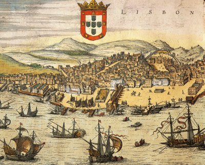 Lisszabon város térképe a Civitates Orbis Terrarumból, Georg Braun és Franz Hogenberg, metszet alkotó: Georg Braun and Hogenberg Franz
