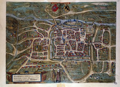 A németországi Weimar város térképe. Metszet „Braun és Hogenberg” atlaszából, 1572 alkotó: Georg Braun and Hogenberg Franz