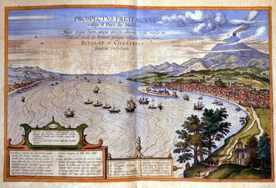 A Messinai-szoros - Calabria a bal oldalon, míg a Messina és az Etna a jobb oldalon található Szicíliában. Atlas de Braun és Hogenberg alkotó: Georg Braun and Hogenberg Franz