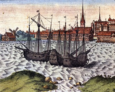 Lübeck kikötője a Braun és Hogenberg Theatrum Orbis Terrarum után. 17. század. alkotó: Georg Braun and Hogenberg Franz