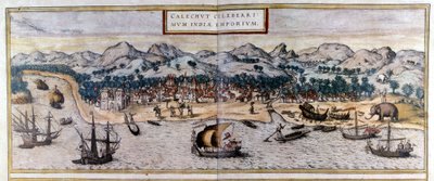 Kozhikode vagy Calicut kilátása Indiában a Braun & Hogenberg „Civitates Orbis Terrarum” atlaszából alkotó: Georg Braun and Hogenberg Franz
