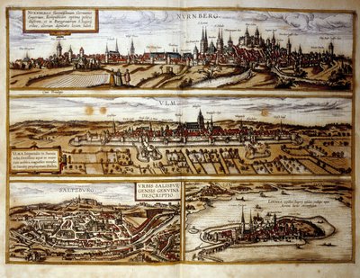 View of the German cities of Nuremberg and Ulm, Salzburg, Austria. Engraving from the Atlas of “Braun and Hogenberg” 1572 alkotó: Georg Braun and Hogenberg Franz